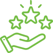 A green outline illustration of a hand facing upward with three stars above it. The stars radiate lines indicating they are shining or sparkling. The entire design has a minimalistic and clean look.