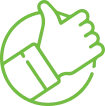 A green line art illustration of a hand giving a thumbs-up gesture is enclosed within a partial circle.