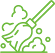 A green line art illustration of a broom sweeping with dust clouds around it. The broom is angled downward, and there are small particles and swirls representing motion and debris being swept up.