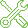 An icon depicting a green screwdriver and wrench crossed over each other, symbolizing tools and repair services. The green outline design of the tools stands out against the white background.